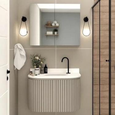 Imagem de Gabinete Banheiro Ripado 60cm C/Curvo Cuba Ardósia Espelho (Santiago/Branco)