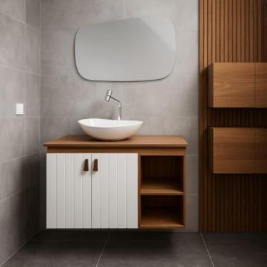 Imagem de Gabinete de Banheiro 2 Porta Mdf Espelho 60cm Cuba Suspenso