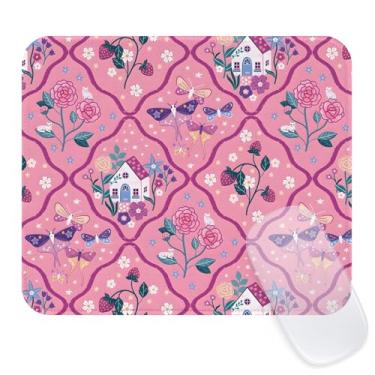 Imagem de Seorsok Tapete de rato de borboleta e morango, tapetes de rato texturizados premium para laptop de escritório, tapetes de rato bonitos quadrados laváveis com bordas costuradas estendidas, base de