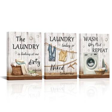 Imagem de Canvbay 3 peças de arte de parede de lavanderia vintage lavar a seco dobrar repetir sinais de lavanderia impressões em tela para casa de fazenda hotel pronto para pendurar 30,5 x 40,6 cm x 3 peças