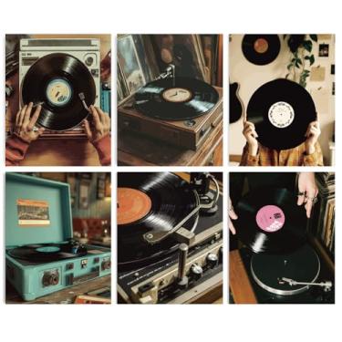 Imagem de INFUNLY 6 conjuntos de impressões de arte de parede de discos vintage 20 x 25,4 cm preto vinil discos imagens CD música tela arte de parede sem moldura retrô gravura adesivo para quarto, sala de estar