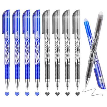 Imagem de RIANCY Pacote com 8, 4 canetas de gel apagáveis de tinta azul, ponta fina de 0,5 mm, barril com estampa de chama, aderência confortável, com borracha, ideal para diário, trabalho escolar, tarefas de