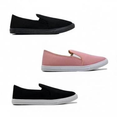 Imagem de Kit 3 Tênis Feminino Calcer Facil Slip On Confortavel Casual Branco Preto Rosa (Cor: Preto + Preto e Preto + Rosa, BR, Adulto, Numérico, 35)