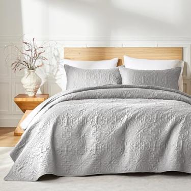 Imagem de akkialla Conjunto de colcha cinza claro/queen com estampa barroca leve para todas as estações, colcha de microfibra macia para casa, dormitório, apartamento (1 colcha, 2 fronhas)
