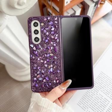 Imagem de Capa protetora para Galaxy Z Fold6 com glitter diamante e toque de pele brilhante em TPU com bordas macias (para Galaxy Z Fold6/roxa)