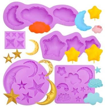 Imagem de Infovox Conjunto de moldes de silicone celestial, 5 peças de moldes de resina roxa com design de nuvens de estrelas e lua, ferramentas de fundição de epóxi DIY para fabricação de joias, vários