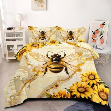 Imagem de CCoutueChen Conjunto de edredom solteiro de abelha e girassol, 2 peças, roupa de cama hexagonal colmeia para meninas e crianças, conjunto de colcha de microfibra quente com 1 fronha/68 x 86