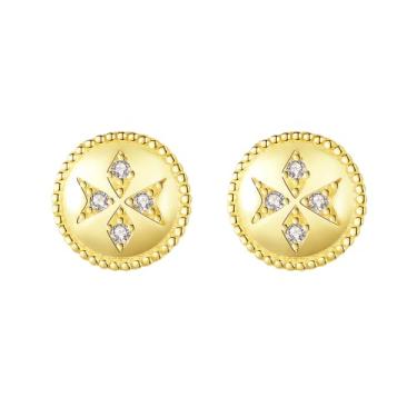 Imagem de Efashion Brincos femininos redondos vintage banhados a ouro 14K prata esterlina 925 com zircônia cúbica e padrão hexagonal, Small, Ouro amarelo, Zircônia cúbica