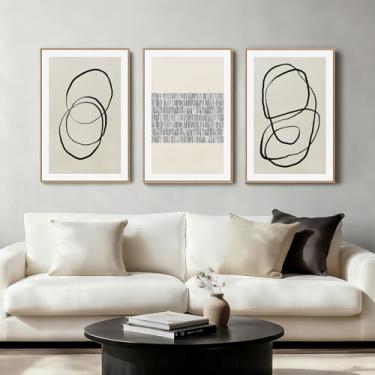 Imagem de Conjunto de arte de parede boho abstrata - impressões em tela emolduradas geométricas boêmias, decoração de parede decorativa inspirada em grafite neutro de meados do século para sala de estar, quarto
