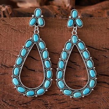 Imagem de Brinco vintage estilo étnico ocidental incrustado turquesa antiga prata oco pingente de lágrima retrô boêmio brincos femininos presentes para ela