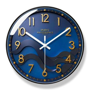 Imagem de Relógio de parede Modern Wave 30cm redondo azul com números dourados -
