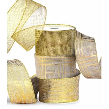 Imagem de Fita dourada com fio para árvore de Natal, fitas de Natal de 6 cm, 3 rolos, 18 metros de serapilheira de organza transparente, malha metálica, glitter, artesanato, decoração, laços, embrulho de