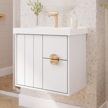 Imagem de Gabinete para Banheiro 60cm com 1 Porta 2 Gavetas e Cuba de Sobrepor Decor Branco