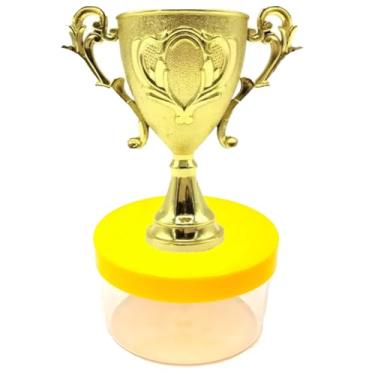 Imagem de Kit Lembrancinha Tema Futebol: Caixinha Acrílica Redonda + Mini Troféu Dourado Decoração Mimos Festa Campeão (10 Taça 10 Caixa Tampa Amarela)
