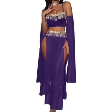 Imagem de Panegy Women Exotic Belly Dancer Costume Carnival High Slit Mesh Skirt Adjustable Strap Crop Top Lingerie Outfit Costume Purple M