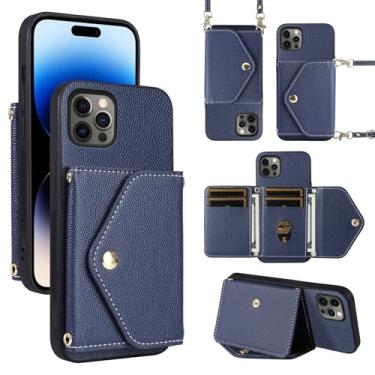 Imagem de Dibosom Capa carteira minimalista para iPhone 14 Pro Max 6,7 com alça de ombro fina e fina com suporte para cartão de crédito para iPhone14promax 5G i Phone14Max Plus iPhone14 ProMax Azul