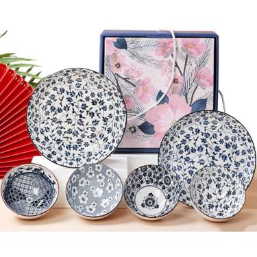 Imagem de iDourer Conjunto de pratos e tigelas de cerâmica, conjunto de louça estilo japonês com caixa de presente - azul e branco - 4 tigelas de arroz e 2 tigelas de macarrão - presentes de cozinha para