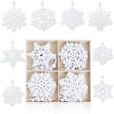 Imagem de Enfeites de flocos de neve de madeira branca, pacote com 16 floco de neve de Natal para artesanato, decoração de árvore de Natal, paisagem de mesa ou projeto de artesanato de centro de mesa para