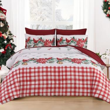 Imagem de DJY Conjunto de edredom de Natal King Size vermelho cardeal pássaro poinsétia 7 peças cama em um saco rústico xadrez conjunto de cama de Natal de microfibra macia festivo de inverno (264 x 234 cm)