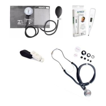Imagem de Kit Aparelho Medidor De Pressão + Estetoscopio + Garrote + Termômetro 