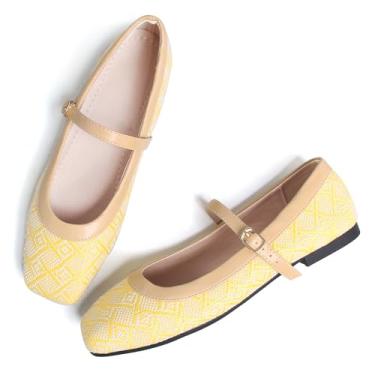 Imagem de Dear Time Sapatilhas femininas vintage Mary Jane com tira no tornozelo, bico quadrado, uniforme, sapatilha de balé, 263-amarelo, 39