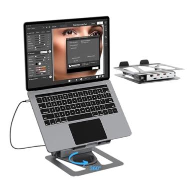 Imagem de QFI-Cyber Estação de ancoragem portátil universal de 360°, altura ajustável com hub USB C destacável, 4K HDMI, USB 3.1, RJ45, 100W PD, adequada para MacBook Pro/Air/Dell/HP/Surface/Lenovo, Plug and