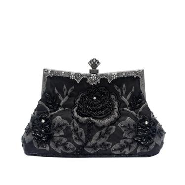 Imagem de CORIOS Bolsa Clutch Vintage De Noite Com Miçangas Da Década 1920 Para Mulheres - Mão Lantejoulas E Pérolas Bordados Requintados, Ombro Floral, Noiva, Casamento, Festa Formatura, Preta