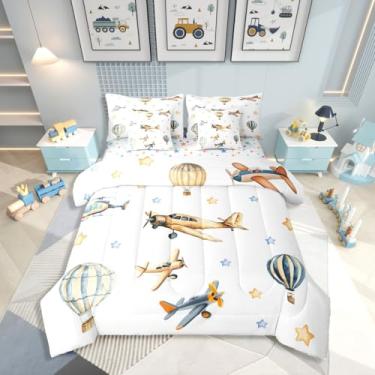 Imagem de Erosebridal Lindo conjunto de edredom solteiro de avião a hélice com lençóis, desenho animado de avião, 7 peças, para crianças, adolescentes, meninas, adultos, cama de balão de ar quente em uma bolsa