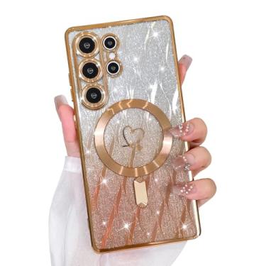 Imagem de Bonoma Capa com glitter para Samsung Galaxy S25 Ultra [compatível com MagSafe], capa brilhante com estampa de folhas magnéticas de coração, proteção para câmera, capa traseira macia e brilhante para