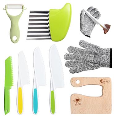 Imagem de Conjunto de 8 facas de cozinha de madeira para crianças, inclui 4 peças de faca infantil de plástico para crianças/fatiadores de batata/tábua de corte de madeira para crianças/descascador em Y/luvas resistentes para cortar legumes, bolo de frutas, salada e pão