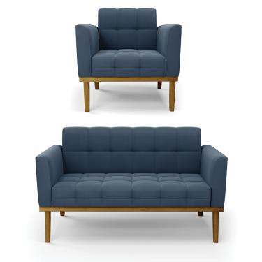 Imagem de Namoradeira Com Poltrona Base de Madeira Castanho Elisa Suede Azul Marinho D03 - D'Rossi