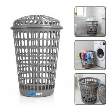 Imagem de Cesto Roupa Suja Telado Gigante 60 Litros Organizador Multiuso Roupas Lixo Roupeiro Com Tampa 60l Reforcado Cinza