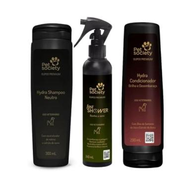 Imagem de Kit Super Premium Pet Society Shampoo Neutro 300ml, Condicionador Hydra 250ml, Banho a Seco 250ml
