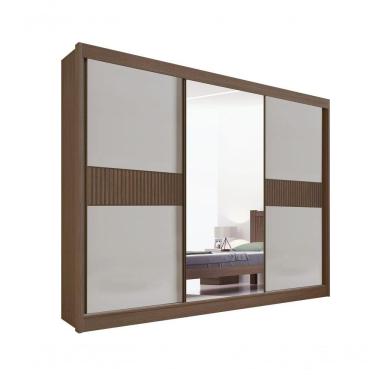 Imagem de Guarda Roupa Casal Ripado Com Espelho Com Pés Los Angeles 3 Portas 6 Gavetas - D' Doro Castanho-off White-ripado