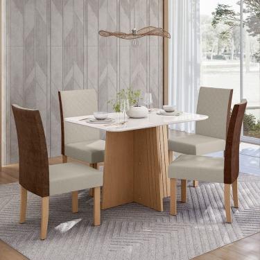 Imagem de Sala de Jantar Mesa Isa 120cm Vidro com 4 Cadeiras Linho Courino Helo Mel/Caramelo/Bege