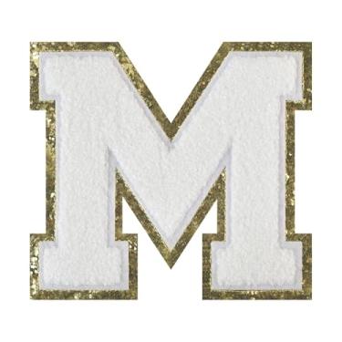 Imagem de 1 peça de patch de letra de chenille branco de 11,4 cm com borda dourada – Remendos do alfabeto para roupas, jaquetas, mochilas, chapéus para decoração personalizada, nome personalizado e artesanato