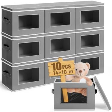 Imagem de Threehoney 10 unidades de cubo de armazenamento de tecido com tampa caixas de armazenamento de tecido de 35 x 25 cm com alça de janela cesta organizadora de cubo dobrável para prateleiras armário