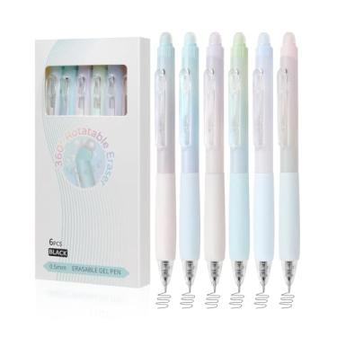 Imagem de Canetas apagáveis, pacote com 6 canetas de gel apagáveis pretas de 0,5 mm com borrachas rotativas de 360°, fazem com que os erros desapareçam, aderência confortável para desenhar, escrever, planejar e