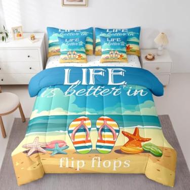 Imagem de Erosebridal Jogo de cama de casal com 7 peças, praia do Havaí, kawaii, oceano, tropical, estrela-do-mar, férias de verão, conjunto de lençol e edredom Life is Better in Flip-Flops