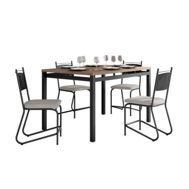 Imagem de Conjunto de Mesa Retangular com Tampo de MDP Marrom Valência e 4 Cadeiras Marselha Revestimento Sintético Bege e Preto