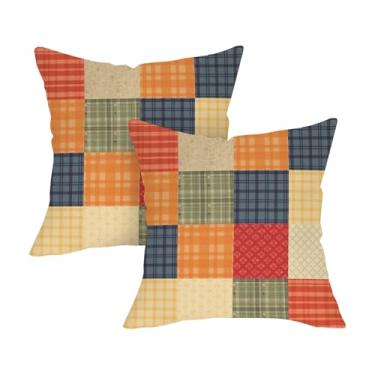 Imagem de Fjfz Farmhouse Patchwork Capas de almofada decorativas 45,7 x 45,7 cm Conjunto de 2, Colorido Vintage Acolchoado Xadrez Búfalo Xadrez Varanda Decoração de Casa ao Ar Livre Decoração de Casa Retro