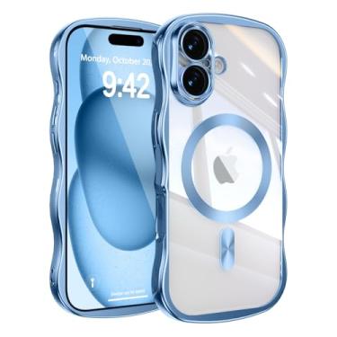 Imagem de UEEBAI Capa para iPhone 17, linda capa de celular magnética com moldura ondulada compatível com Magsafe capa de proteção completa para câmera macia galvanizada para mulheres e meninas - azul