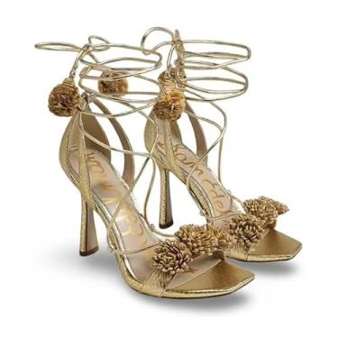 Imagem de Sam Edelman Sandália Leela Pink Lily Squared Open Toe Tie Up Stiletto, Couro dourado, 38