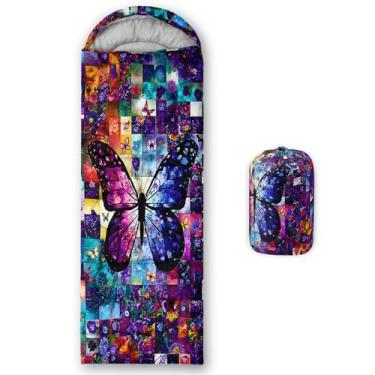Imagem de QOOMO Sacos de dormir impermeáveis de borboleta de desenho animado para adultos e crianças, sacos de dormir impressos para acampamento, viagens e ao ar livre, equipamento de acampamento, 78,76 x 228,6