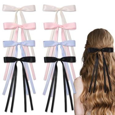 Imagem de 8 peças de grampos de cabelo com laço de fita para, presilhas de laço de borla de cauda longa para mulheres elegantes e doces acessórios de estilo de cabelo para adolescentes com rabo de cavalo (rosa