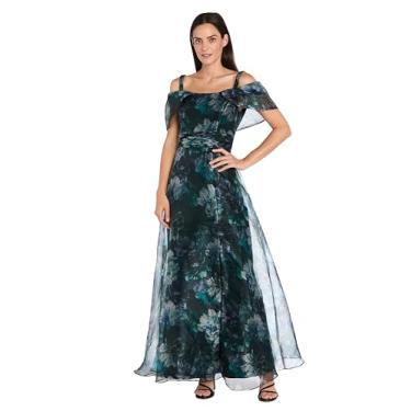 Imagem de R&M Richards Vestido maxi longo floral feminino | Vestido de ombro vazado de organza transparente | Festa de coquetel de convidada de casamento à noite, Caçador, 44