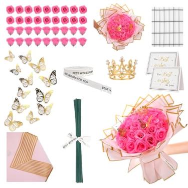 Imagem de Ovveroche Kit de buquê de rosas com glitter, arranjo de flores brilhantes rosa com hastes, borboletas, coroa, papel de embrulho, cartão, fita para casamento, graduação, aniversário, artesanato DIY