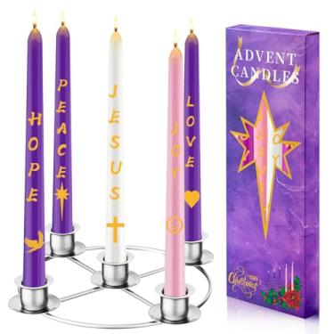 Imagem de Conjunto de castiçais de guirlanda do advento com 5 velas cônicas, anel de vela de Natal prata para decoração de mesa para festivais de Natal e igreja em casa