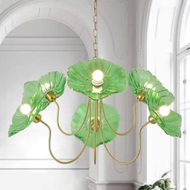 Imagem de Lustre vintage de vidro floral com 6 lâmpadas, luminária pendente grande com cúpulas de flores verdes, acabamento em latão dourado, ideal para sala de jantar, cozinha, ilha, sala de estar e