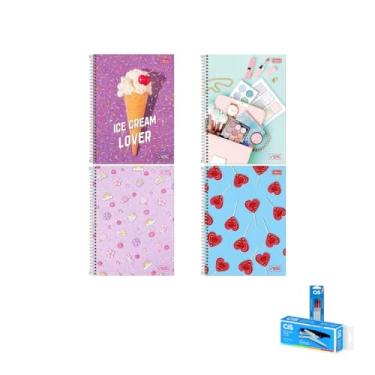 Imagem de Kit Caderno Universitário Vibe Feminino 80F Tilibra + Canetas Spiro 0.7mm + Grampeador Alicate S-150